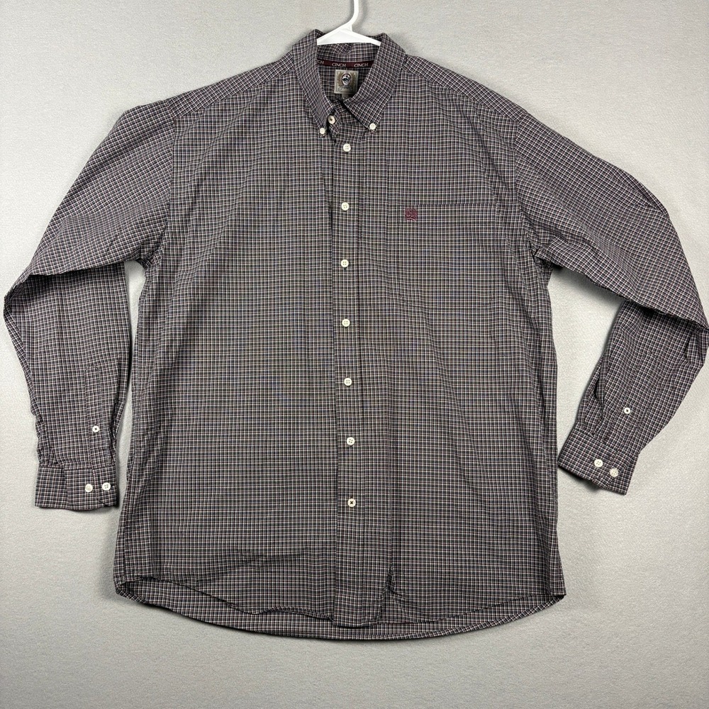 Cinch Classic Fit Button Down Shirt Plaid Micro Check Large Burgundy Navy